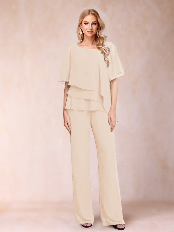 Chiffon V-Neck Half Sleeves 2 Pieces Pantsuits with Rhinestone