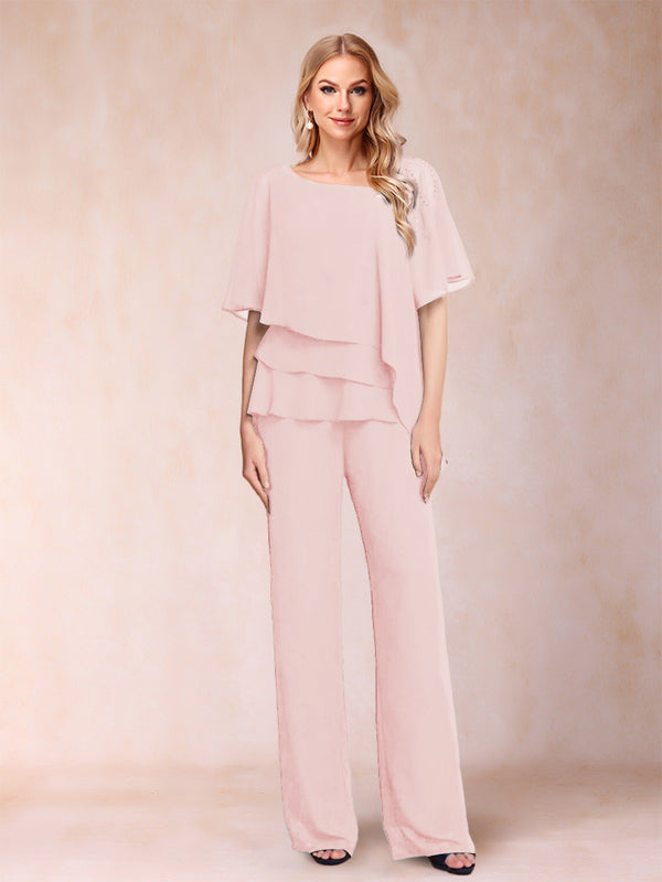 Chiffon V-Neck Half Sleeves 2 Pieces Pantsuits with Rhinestone