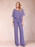 Chiffon V-Neck Half Sleeves 2 Pieces Pantsuits with Rhinestone