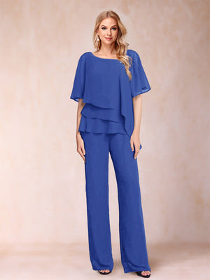 Chiffon V-Neck Half Sleeves 2 Pieces Pantsuits with Rhinestone