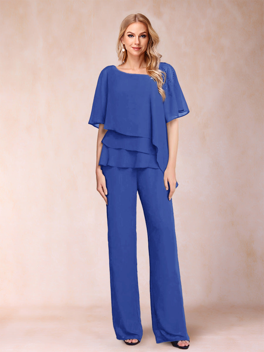 Chiffon V-Neck Half Sleeves 2 Pieces Pantsuits with Rhinestone