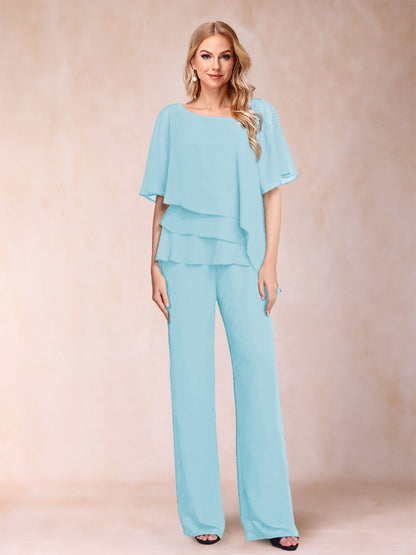 Chiffon V-Neck Half Sleeves 2 Pieces Pantsuits with Rhinestone