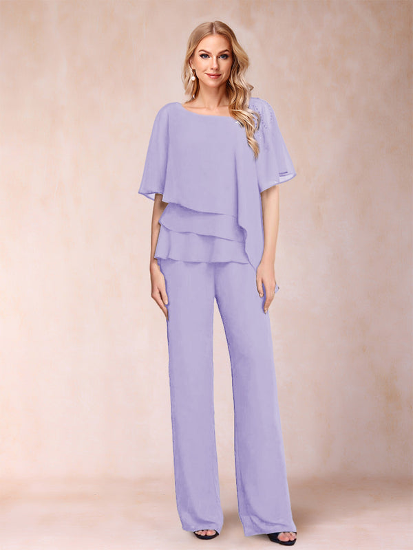 Chiffon V-Neck Half Sleeves 2 Pieces Pantsuits with Rhinestone