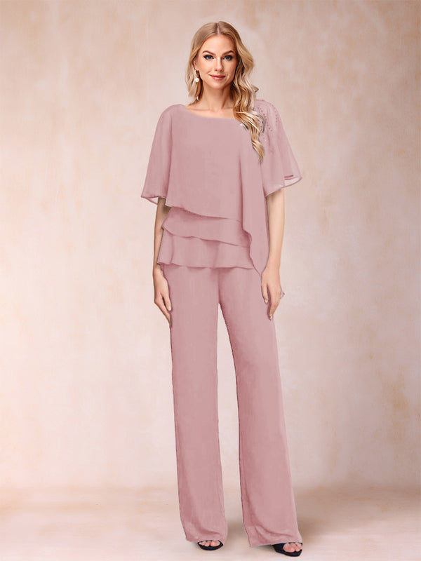 Chiffon V-Neck Half Sleeves 2 Pieces Pantsuits with Rhinestone