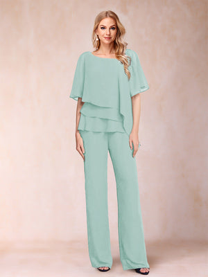 Chiffon V-Neck Half Sleeves 2 Pieces Pantsuits with Rhinestone