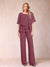 Chiffon V-Neck Half Sleeves 2 Pieces Pantsuits with Rhinestone