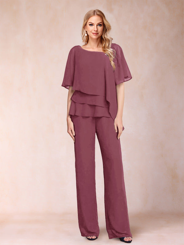 Chiffon V-Neck Half Sleeves 2 Pieces Pantsuits with Rhinestone