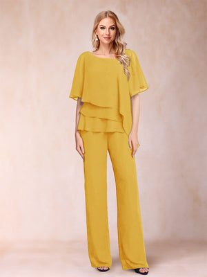 Chiffon V-Neck Half Sleeves 2 Pieces Pantsuits with Rhinestone