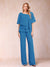 Chiffon V-Neck Half Sleeves 2 Pieces Pantsuits with Rhinestone