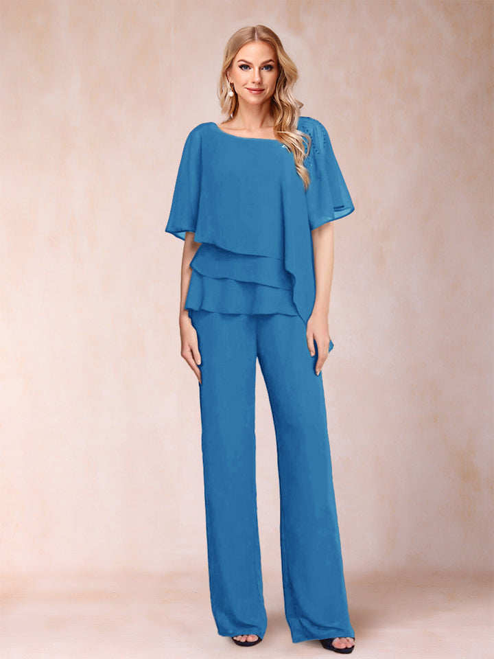 Chiffon V-Neck Half Sleeves 2 Pieces Pantsuits with Rhinestone