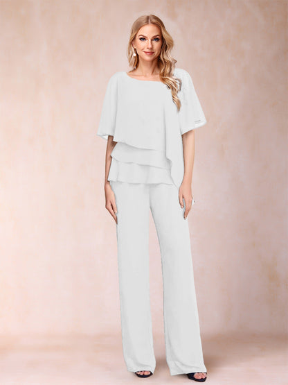 Chiffon V-Neck Half Sleeves 2 Pieces Pantsuits with Rhinestone