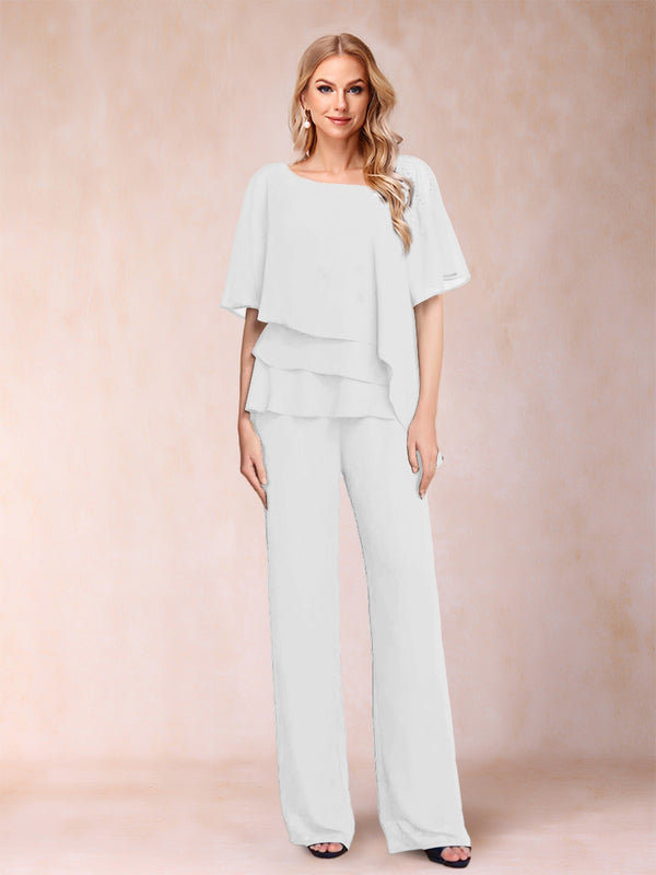 Chiffon V-Neck Half Sleeves 2 Pieces Pantsuits with Rhinestone
