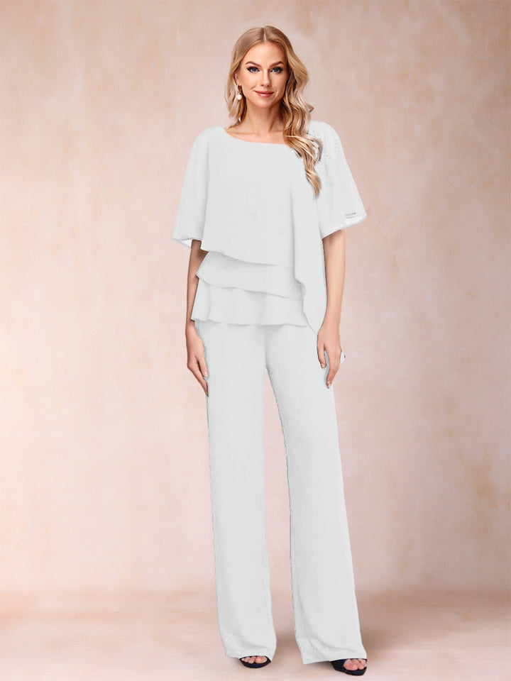 Chiffon V-Neck Half Sleeves 2 Pieces Pantsuits with Rhinestone