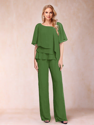 Chiffon V-Neck Half Sleeves 2 Pieces Pantsuits with Rhinestone