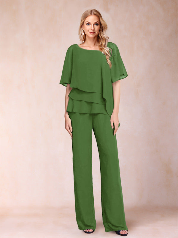 Chiffon V-Neck Half Sleeves 2 Pieces Pantsuits with Rhinestone