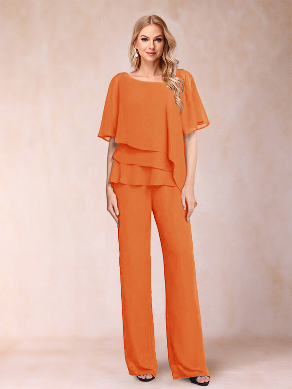 Chiffon V-Neck Half Sleeves 2 Pieces Pantsuits with Rhinestone