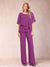 Chiffon V-Neck Half Sleeves 2 Pieces Pantsuits with Rhinestone