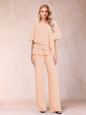 Chiffon V-Neck Half Sleeves 2 Pieces Pantsuits with Rhinestone