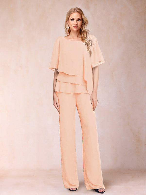 Chiffon V-Neck Half Sleeves 2 Pieces Pantsuits with Rhinestone