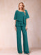 Chiffon V-Neck Half Sleeves 2 Pieces Pantsuits with Rhinestone