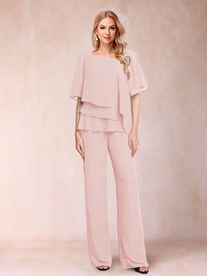 Chiffon V-Neck Half Sleeves 2 Pieces Pantsuits with Rhinestone