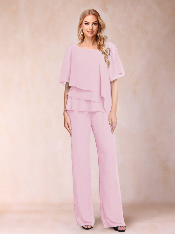Chiffon V-Neck Half Sleeves 2 Pieces Pantsuits with Rhinestone