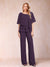 Chiffon V-Neck Half Sleeves 2 Pieces Pantsuits with Rhinestone
