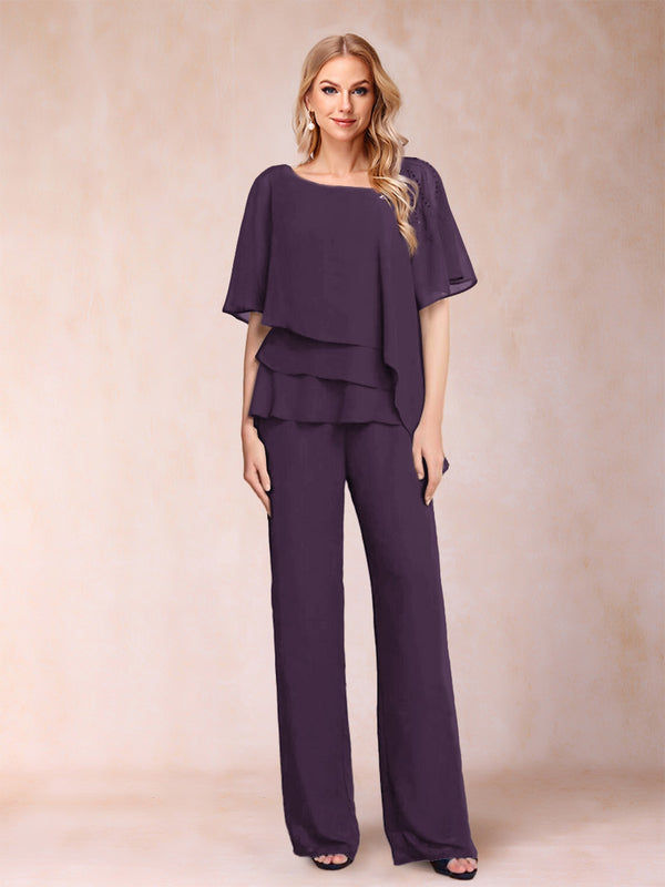 Chiffon V-Neck Half Sleeves 2 Pieces Pantsuits with Rhinestone
