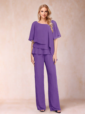 Chiffon V-Neck Half Sleeves 2 Pieces Pantsuits with Rhinestone