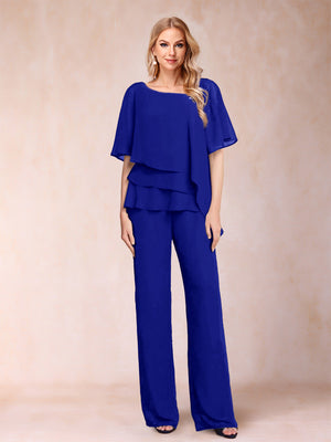 Chiffon V-Neck Half Sleeves 2 Pieces Pantsuits with Rhinestone