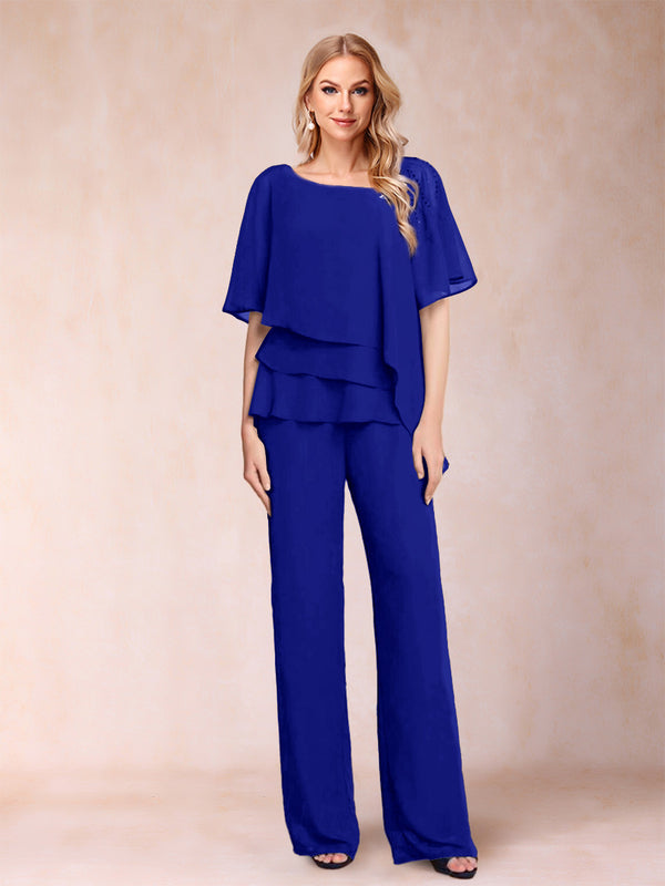 Chiffon V-Neck Half Sleeves 2 Pieces Pantsuits with Rhinestone