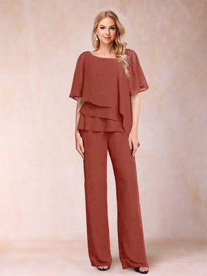 Chiffon V-Neck Half Sleeves 2 Pieces Pantsuits with Rhinestone