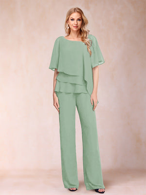Chiffon V-Neck Half Sleeves 2 Pieces Pantsuits with Rhinestone