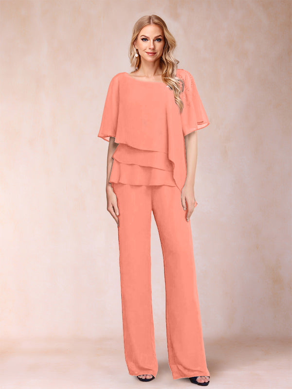 Chiffon V-Neck Half Sleeves 2 Pieces Pantsuits with Rhinestone