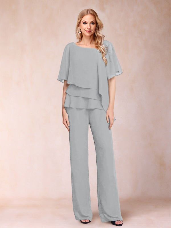 Chiffon V-Neck Half Sleeves 2 Pieces Pantsuits with Rhinestone