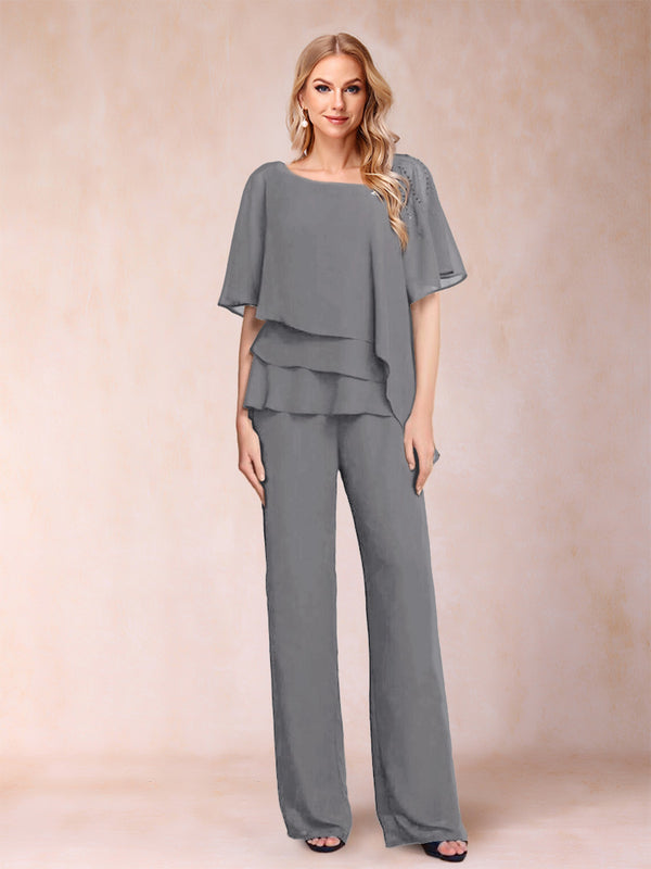 Chiffon V-Neck Half Sleeves 2 Pieces Pantsuits with Rhinestone