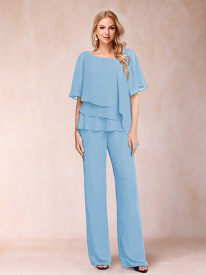 Chiffon V-Neck Half Sleeves 2 Pieces Pantsuits with Rhinestone