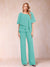 Chiffon V-Neck Half Sleeves 2 Pieces Pantsuits with Rhinestone