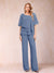 Chiffon V-Neck Half Sleeves 2 Pieces Pantsuits with Rhinestone