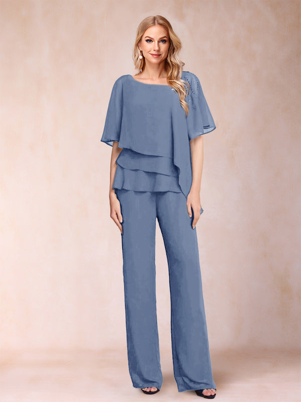 Chiffon V-Neck Half Sleeves 2 Pieces Pantsuits with Rhinestone