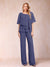 Chiffon V-Neck Half Sleeves 2 Pieces Pantsuits with Rhinestone