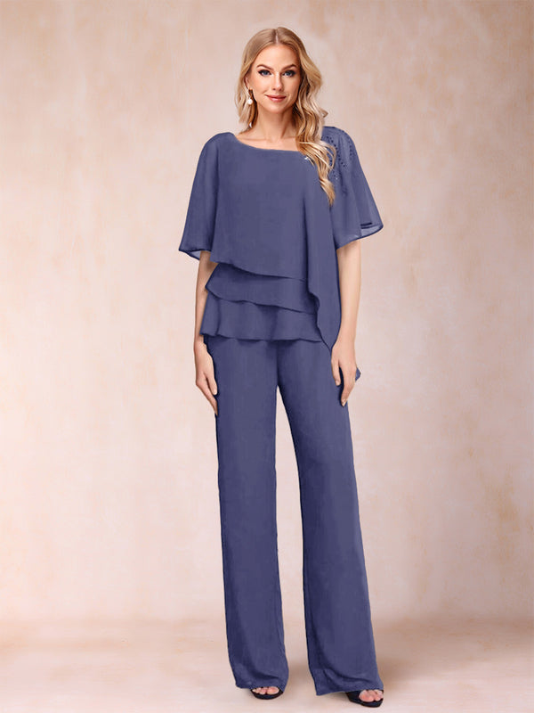 Chiffon V-Neck Half Sleeves 2 Pieces Pantsuits with Rhinestone