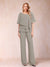 Chiffon V-Neck Half Sleeves 2 Pieces Pantsuits with Rhinestone