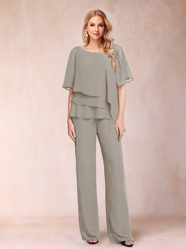 Chiffon V-Neck Half Sleeves 2 Pieces Pantsuits with Rhinestone