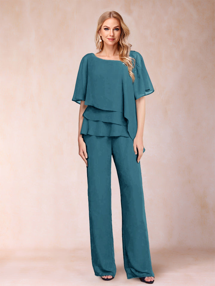 Chiffon V-Neck Half Sleeves 2 Pieces Pantsuits with Rhinestone