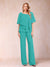 Chiffon V-Neck Half Sleeves 2 Pieces Pantsuits with Rhinestone