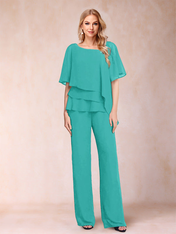 Chiffon V-Neck Half Sleeves 2 Pieces Pantsuits with Rhinestone