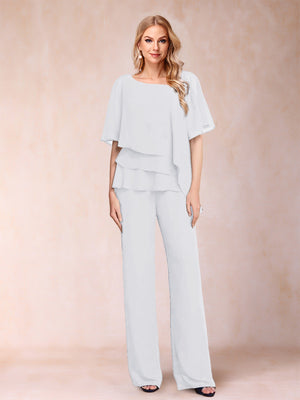 Chiffon V-Neck Half Sleeves 2 Pieces Pantsuits with Rhinestone