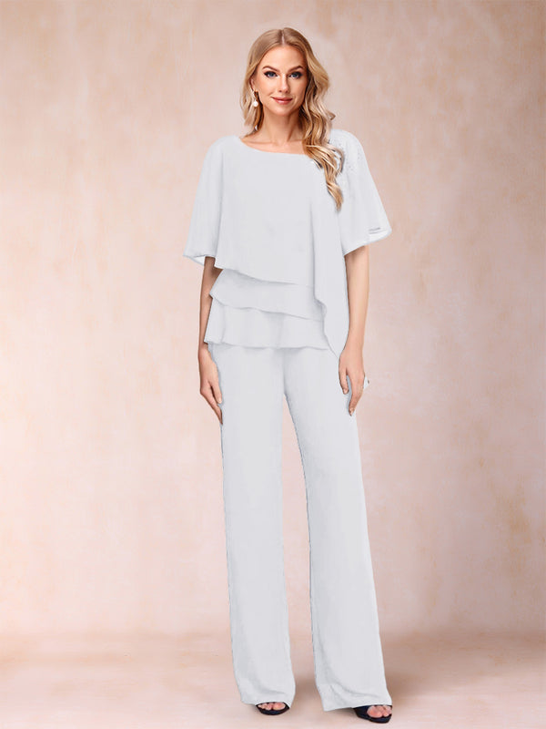 Chiffon V-Neck Half Sleeves 2 Pieces Pantsuits with Rhinestone