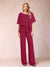Chiffon V-Neck Half Sleeves 2 Pieces Pantsuits with Rhinestone